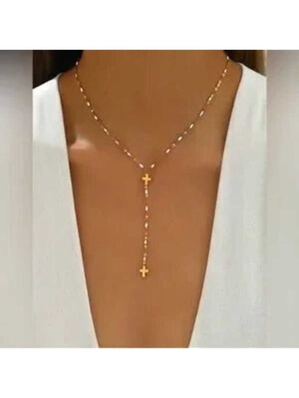 Gold Stainless Steel Cross Lariat Necklace Dainty Rosary Style Pendant
